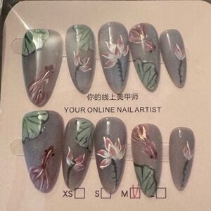 Press On Nails Lotus Flower Artistic Gray Glue On Fake Nails Beauty False‎ Nail